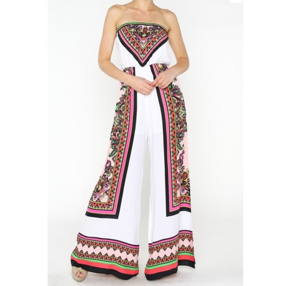 Bohemian Gypsy Strapless Wide Leg Palazzo Jumpsuit Dress Pantsuit Outfit